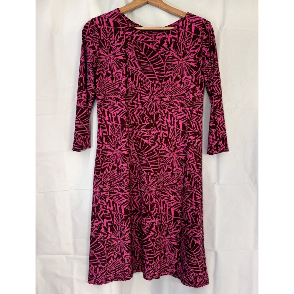 Iolani Womens Batik Leaf Hawaiian Print Dress XS Brown Pink 3/4 Sleeve Stretch